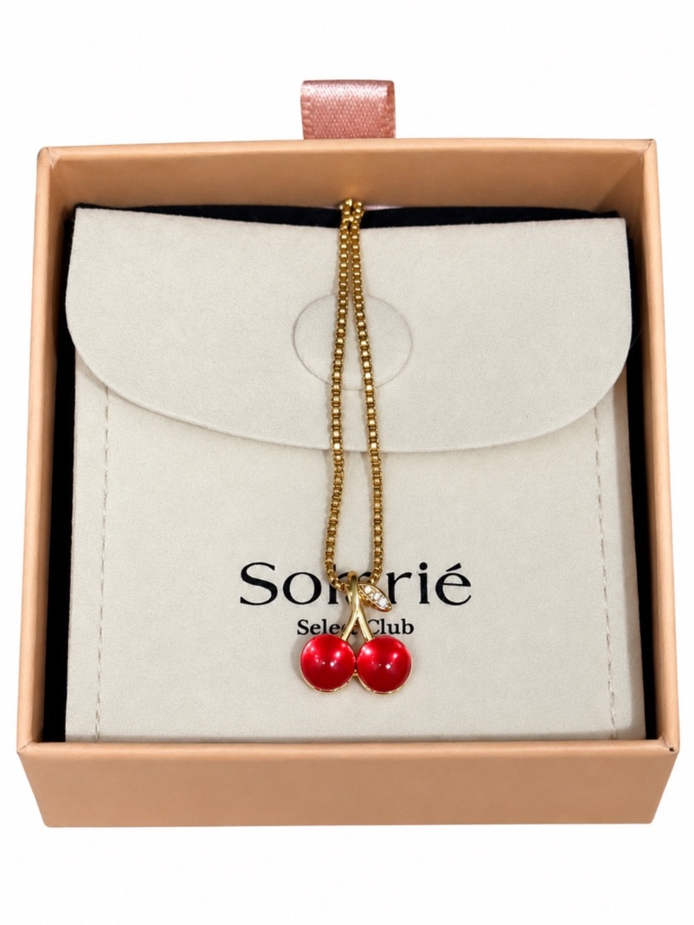 Solarié Select Club Cherry Luxe Pendant 18” Gold Necklace Red Cherries